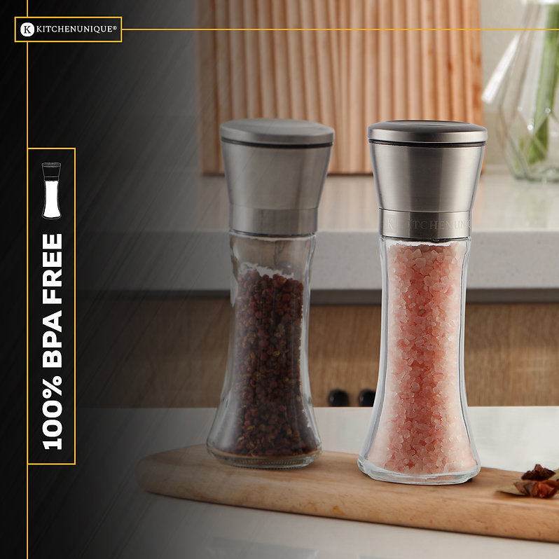 KITCHENUNIQUE® Salz und Pfeffermühlen aus Glas Gewürzmühle 2er Pack
