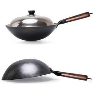 Handgeschmiedeter Eisen-Wok mit Holzgriff – 30/32 cm, antihaftbeschichtet, chemikalienfrei, für Gasherde