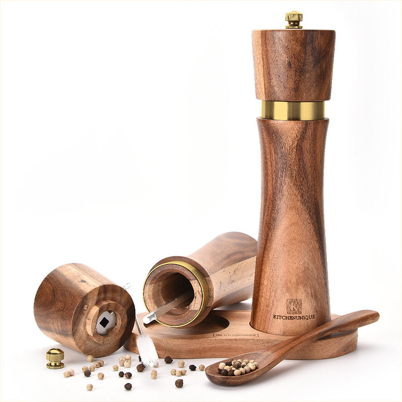 KITCHENUNIQUE® Salz und Pfeffermühlen aus Akazienholz Gewürzmühle 5-Teilig