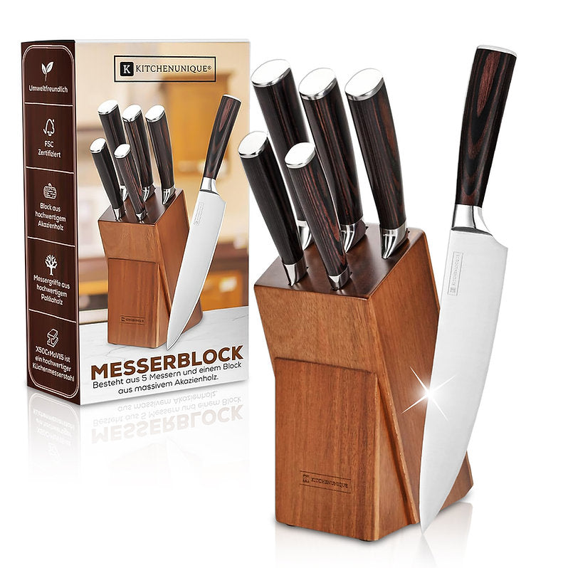 KITCHENUNIQUE® Messerblock Set 6-Teilig Pakka/Akazienholz Messerset Chefmesser