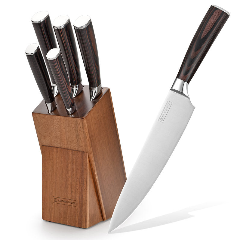 KITCHENUNIQUE® Messerblock Set 6-Teilig Pakka/Akazienholz Messerset Chefmesser
