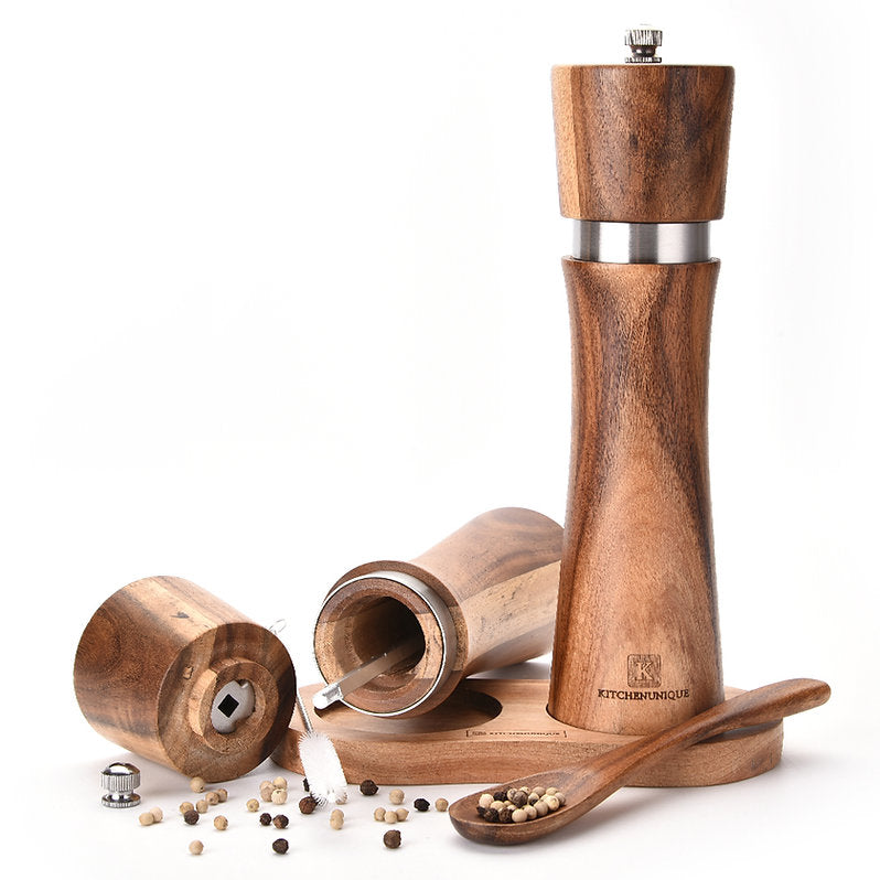 KITCHENUNIQUE® Salz und Pfeffermühlen aus Akazienholz Gewürzmühle 5-Teilig
